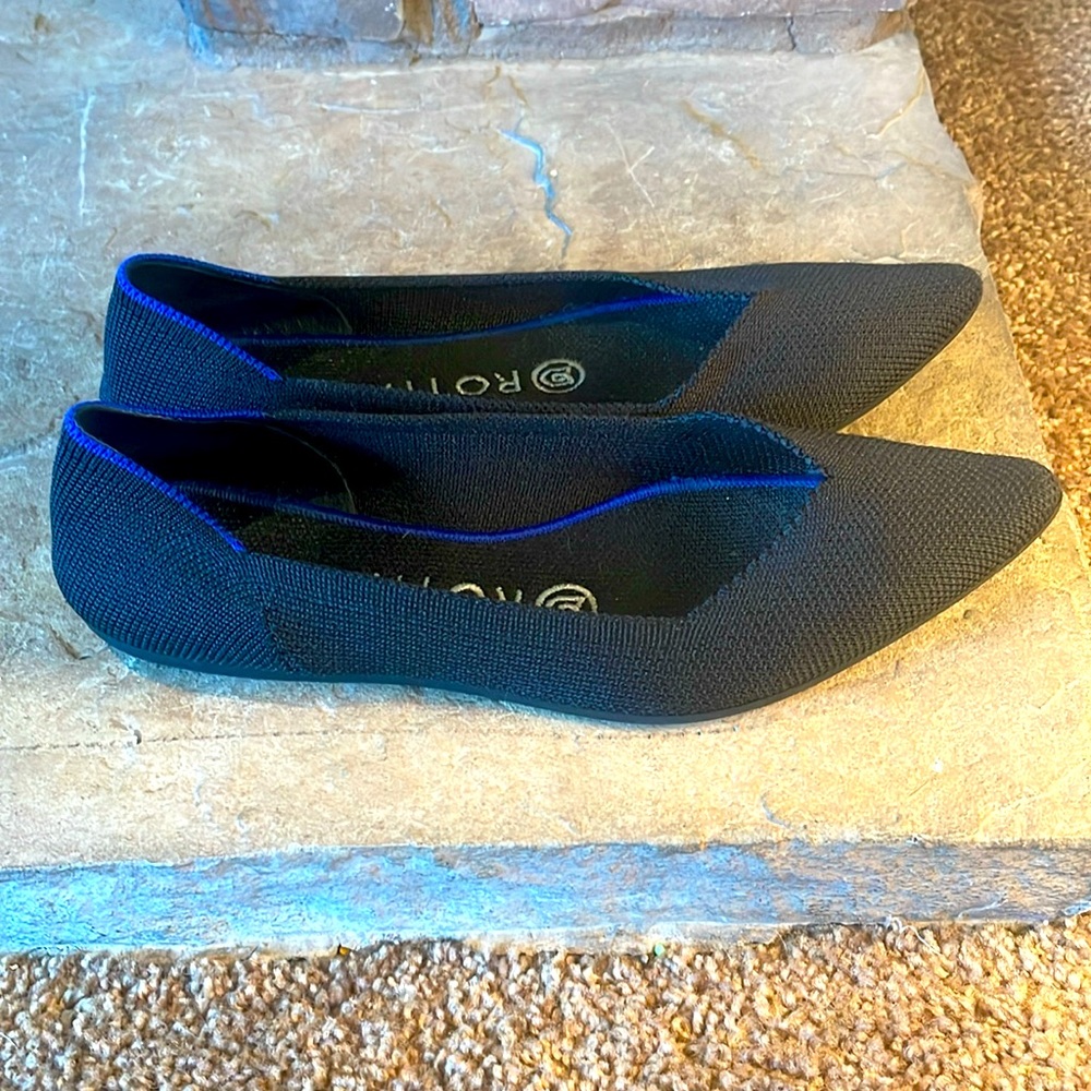 Rothy's Black Pointed Knit Flats with Blue Trim